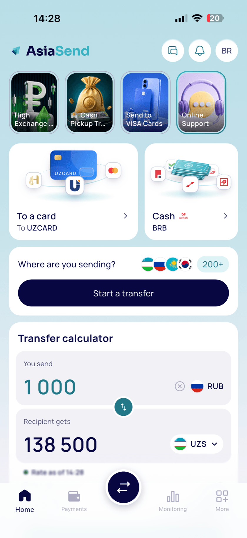 AsiaSend home screen with the transfer calculator