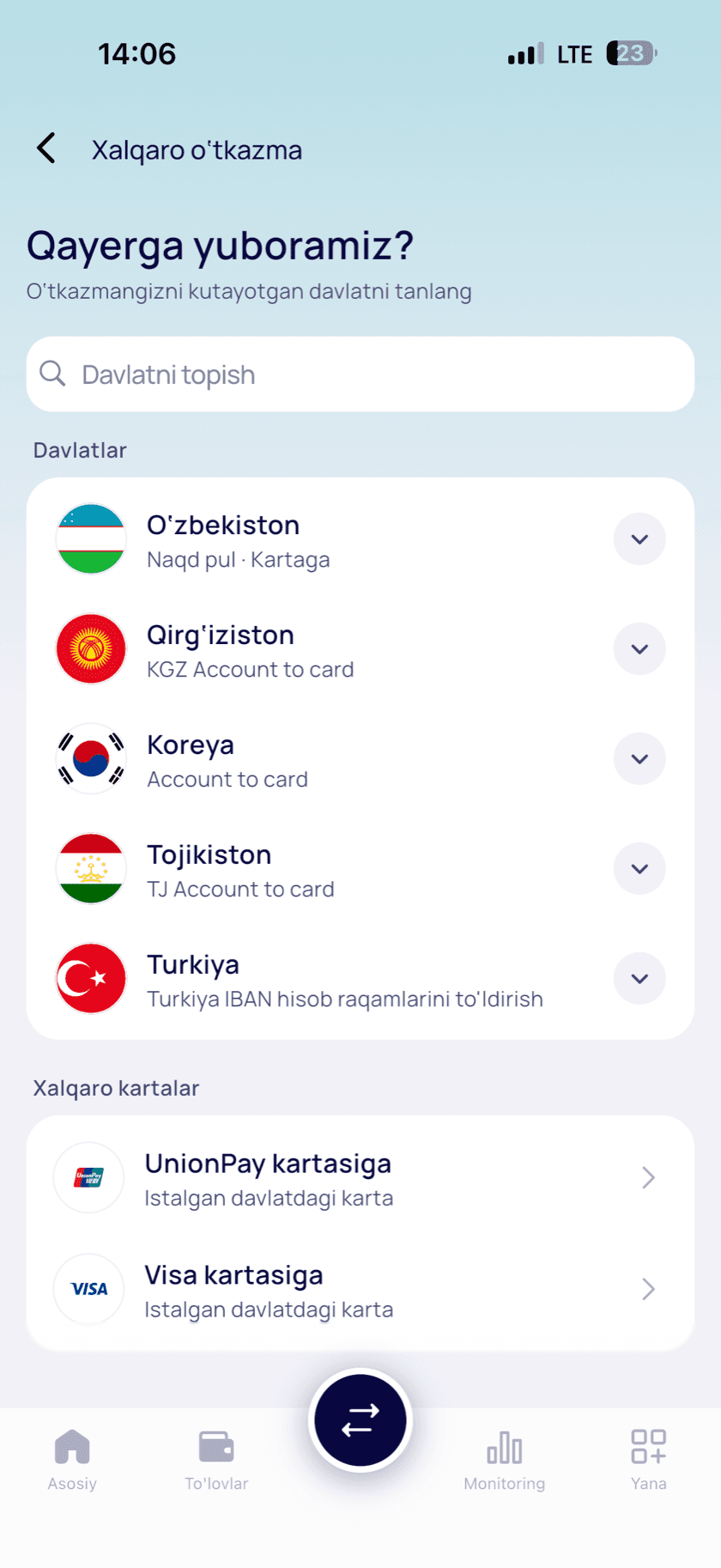 AsiaSend’da o‘tkazma uchun davlatni tanlash