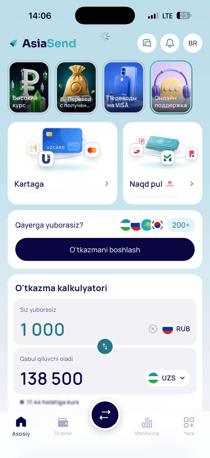 AsiaSend bosh ekrani va o‘tkazma kalkulyatori